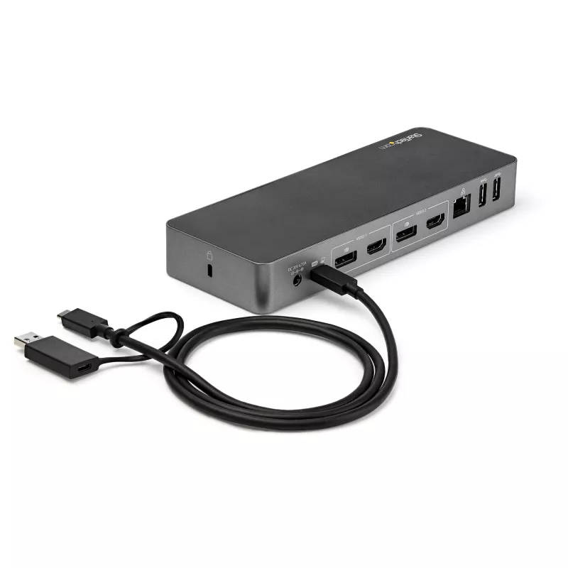 StarTech.com universali nešiojamojo kompiuterio dokų stotelė, hibridinė USB-C ir USB-A, dviguba 4K DP ir HDMI, 60W PD, Mac / Windows / Chrome OS, 4x USB 5Gbps šakotuvas, GbE
