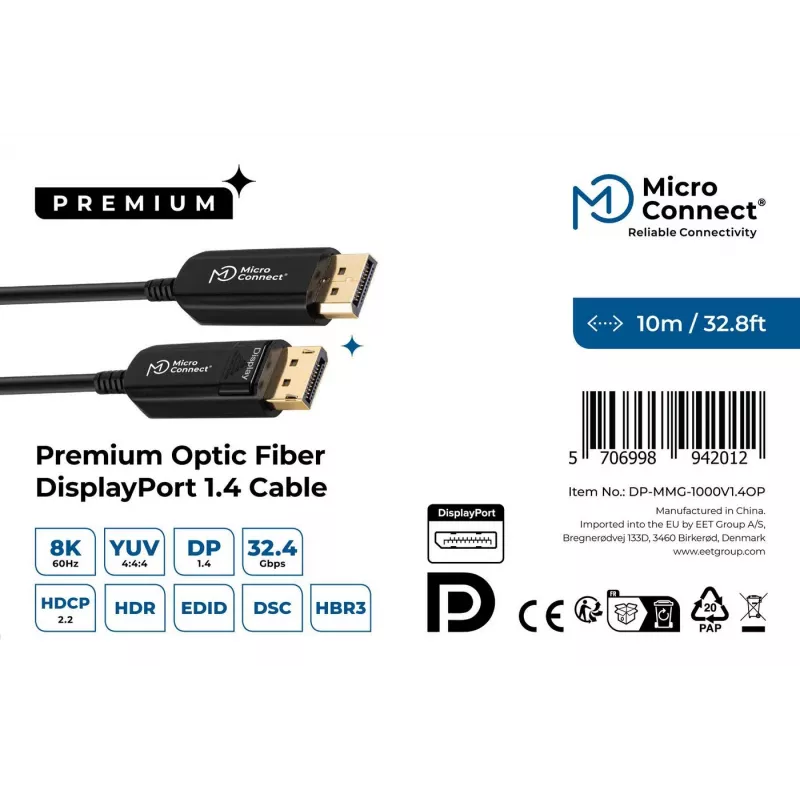 Microconnect DP-MMG-1000V1.4OP DisplayPort laidas 10 m, juodas