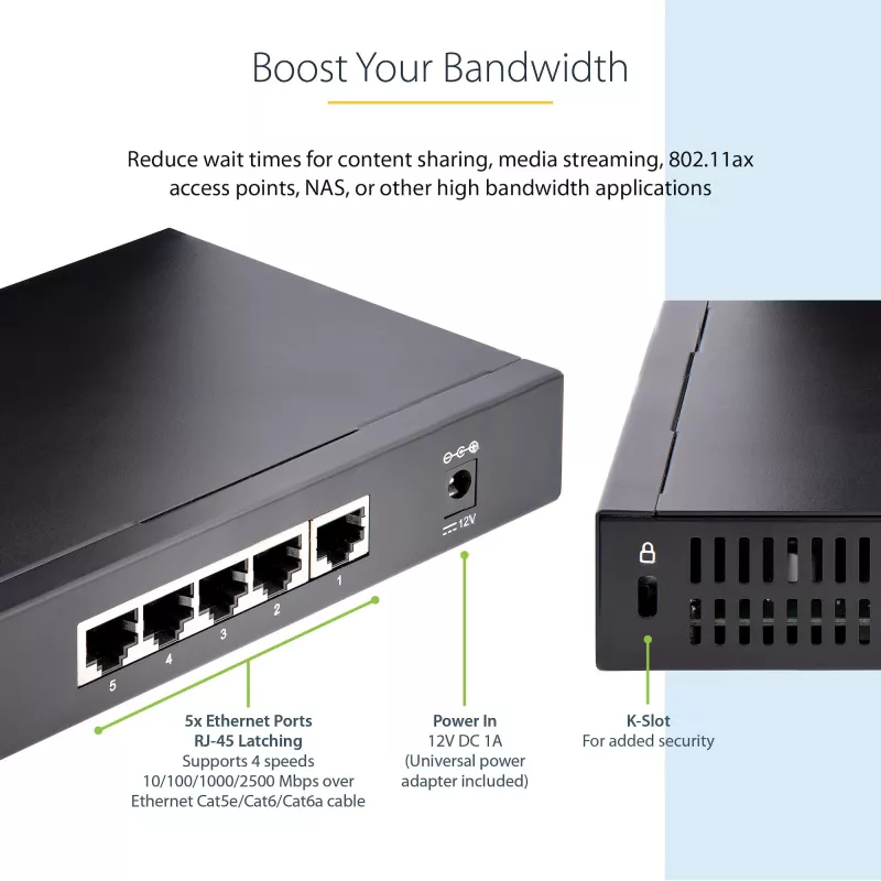 StarTech.com Nevaldomas 2,5G komutatorius - 5 prievadų gigabitinis komutatorius - 2,5GBASE-T nevaldomas eterneto komutatorius - eterneto skirstytuvas - DIN bėgelio arba sieninis montavimas - kelių gigabitų - Auto-MDIX - 9K Jumbo