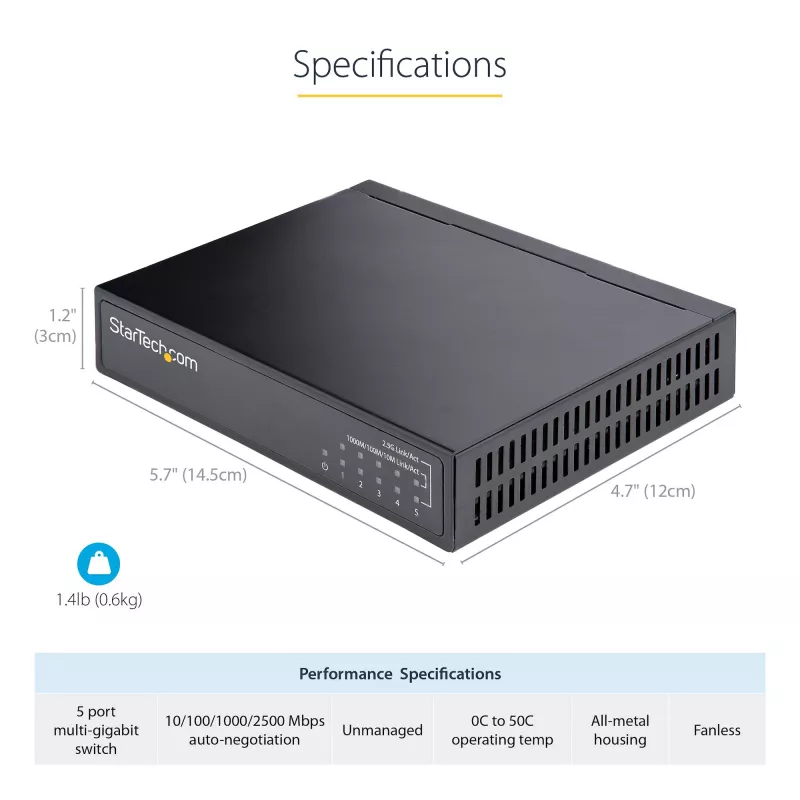 StarTech.com Nevaldomas 2,5G komutatorius - 5 prievadų gigabitinis komutatorius - 2,5GBASE-T nevaldomas eterneto komutatorius - eterneto skirstytuvas - DIN bėgelio arba sieninis montavimas - kelių gigabitų - Auto-MDIX - 9K Jumbo