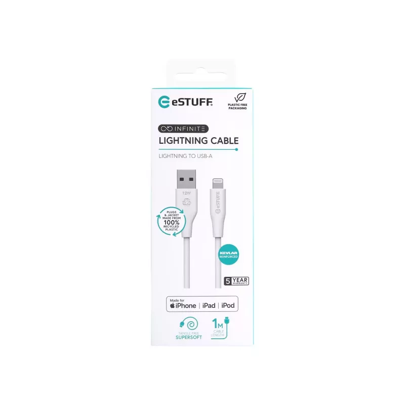 Lightning laidas eSTUFF ES601170 1m USB A 2.4A 5V Baltas