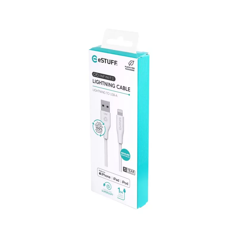 Lightning laidas eSTUFF ES601170 1m USB A 2.4A 5V Baltas