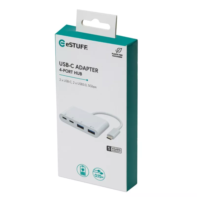 USB Hub eSTUFF USB-C į 2 x USB 3.0 ir 2 x USB-C 3.1 10000 Mbit/s baltas