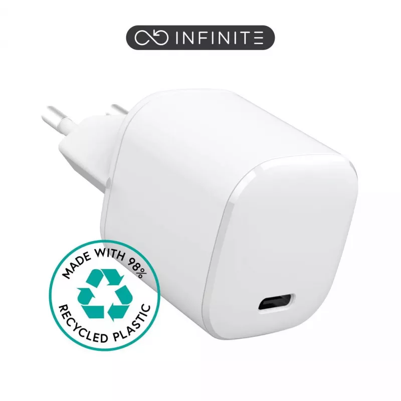 eSTUFF 100% perdirbtas plastikas – Namų įkroviklis USB-C PD 3A 20W, EU kištukas – Balta