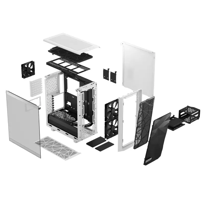 PC korpusas (tower) Fractal Design Meshify 2 Compact — baltas, palaiko ATX maitinimo blokus, 2×140 mm priekyje, 1×120 mm gale, 2,5 col./3,5 col. diskai, 210×424×475 mm
