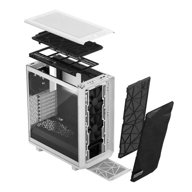 PC korpusas (tower) Fractal Design Meshify 2 Compact — baltas, palaiko ATX maitinimo blokus, 2×140 mm priekyje, 1×120 mm gale, 2,5 col./3,5 col. diskai, 210×424×475 mm