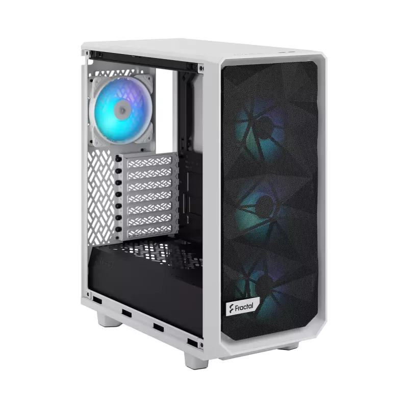 PC korpusas Fractal Design Meshify 2 Compact RGB baltas — ATX/microATX/Mini-ITX, palaiko 3x120 mm priekyje + 1x120 mm gale, 2,5 colio/3,5 colio diskai
