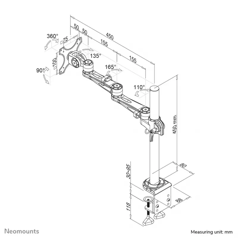 Neomounts FPMA-D935 Monitorio rankena 10-30 colių, Spaustuvas, 10 kg, 25,4 cm (10 colių), 76,2 cm (30 colių), 100 x 100 mm, Sidabrinė