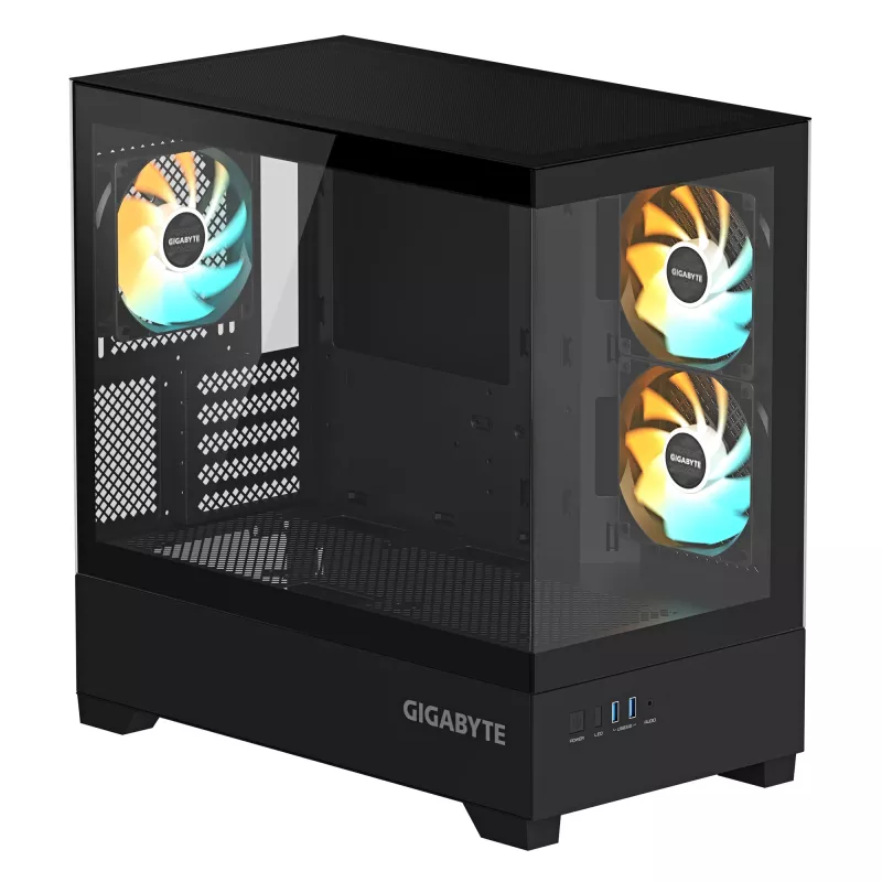GIGABYTE C201 PANORAMIC kompiuterio korpusas – Mid Tower, m-ATX, 360 mm radiatorių palaikymas, 3 iš anksto sumontuoti ventiliatoriai, USB 3.0, RGB Fusion palaikymas