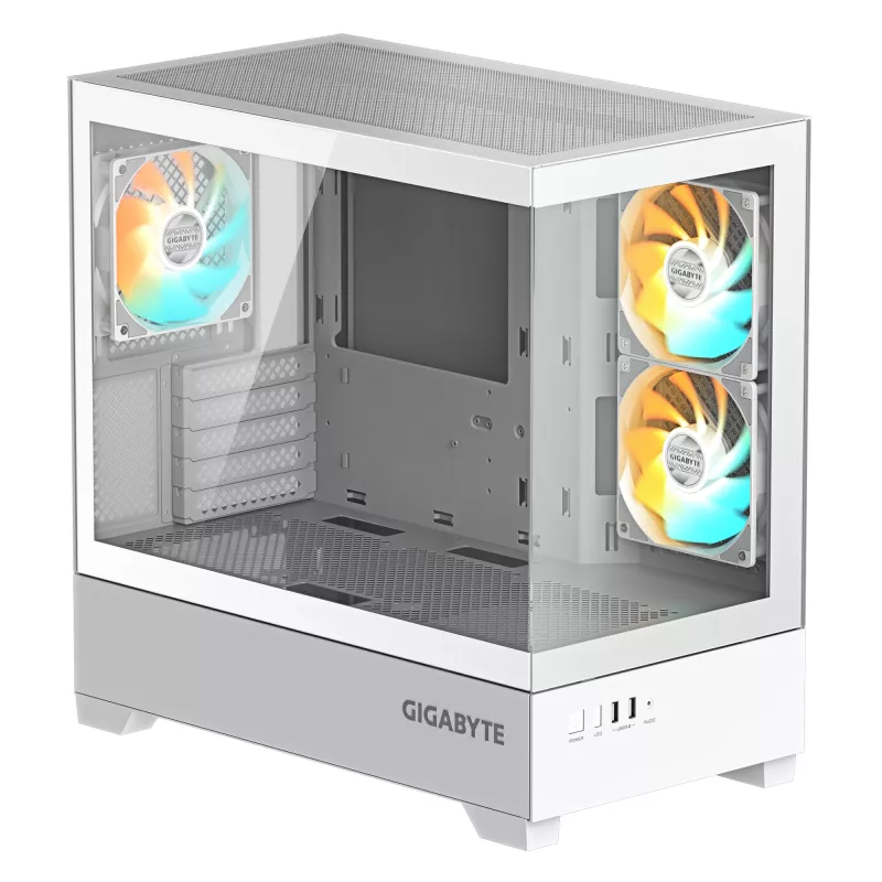 GIGABYTE C201 PANORAMIC ICE PC korpusas – Mid Tower, m-ATX, 360 mm radiatoriaus palaikymas, 3 iš anksto sumontuoti ventiliatoriai, USB 3.0, RGB Fusion palaikymas