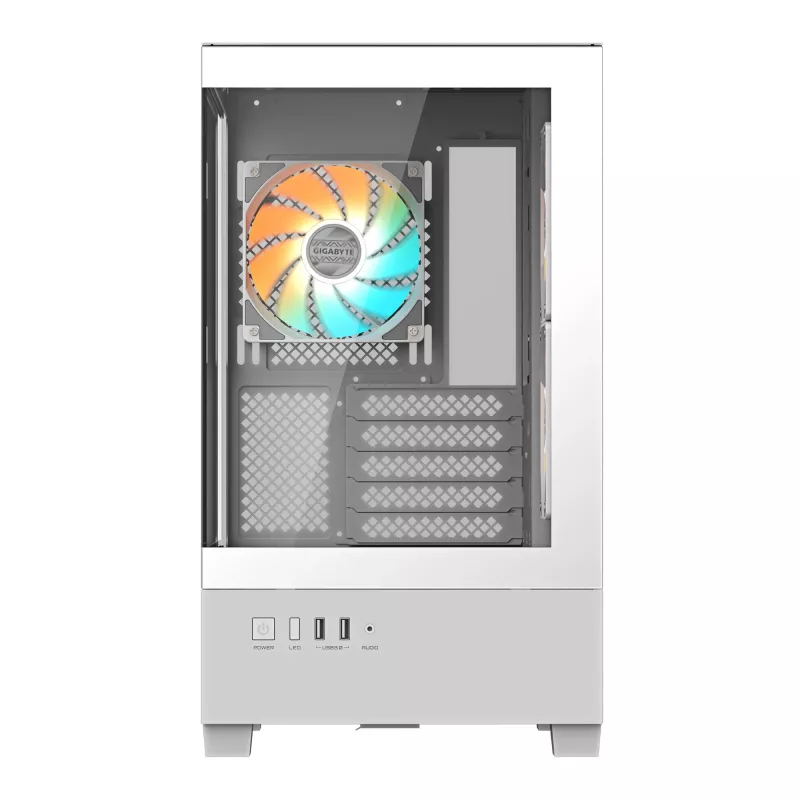 GIGABYTE C201 PANORAMIC ICE PC korpusas – Mid Tower, m-ATX, 360 mm radiatoriaus palaikymas, 3 iš anksto sumontuoti ventiliatoriai, USB 3.0, RGB Fusion palaikymas