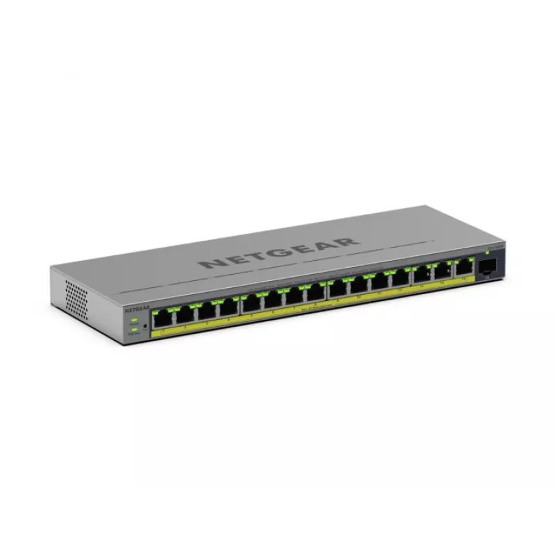 Valdomas L2/L3 Gigabit Ethernet PoE komutatorius Netgear GS116EPP — 16x RJ-45 10/100/1000, 1x SFP, 8000 MAC įrašų, Pilka