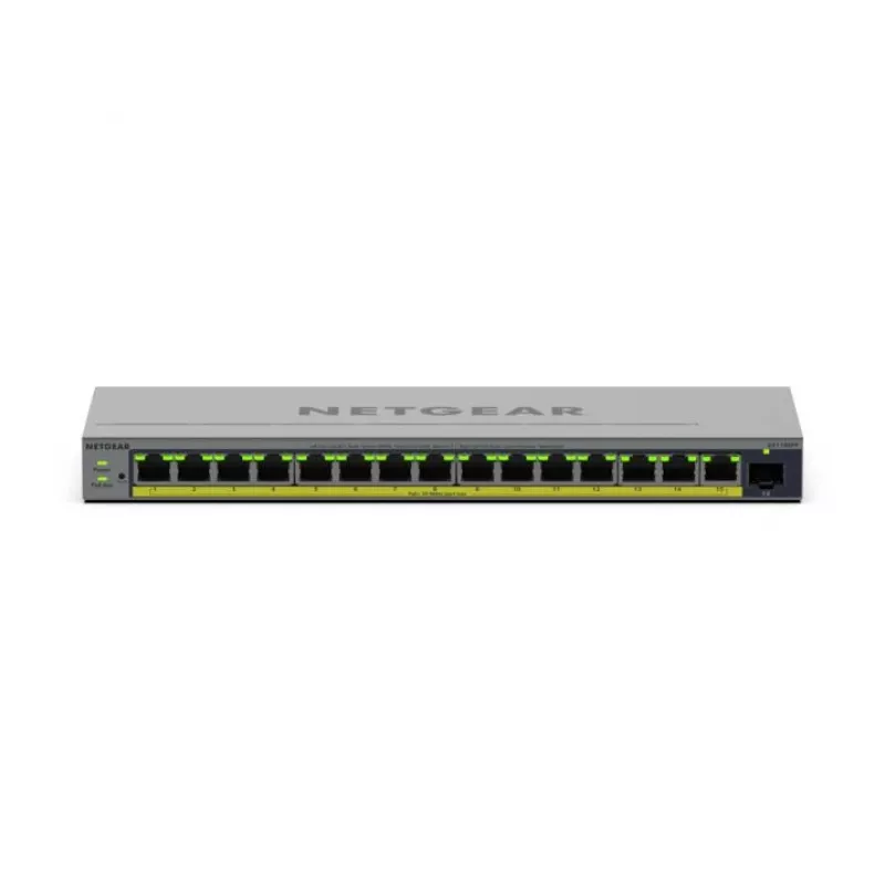 Valdomas L2/L3 Gigabit Ethernet PoE komutatorius Netgear GS116EPP — 16x RJ-45 10/100/1000, 1x SFP, 8000 MAC įrašų, Pilka