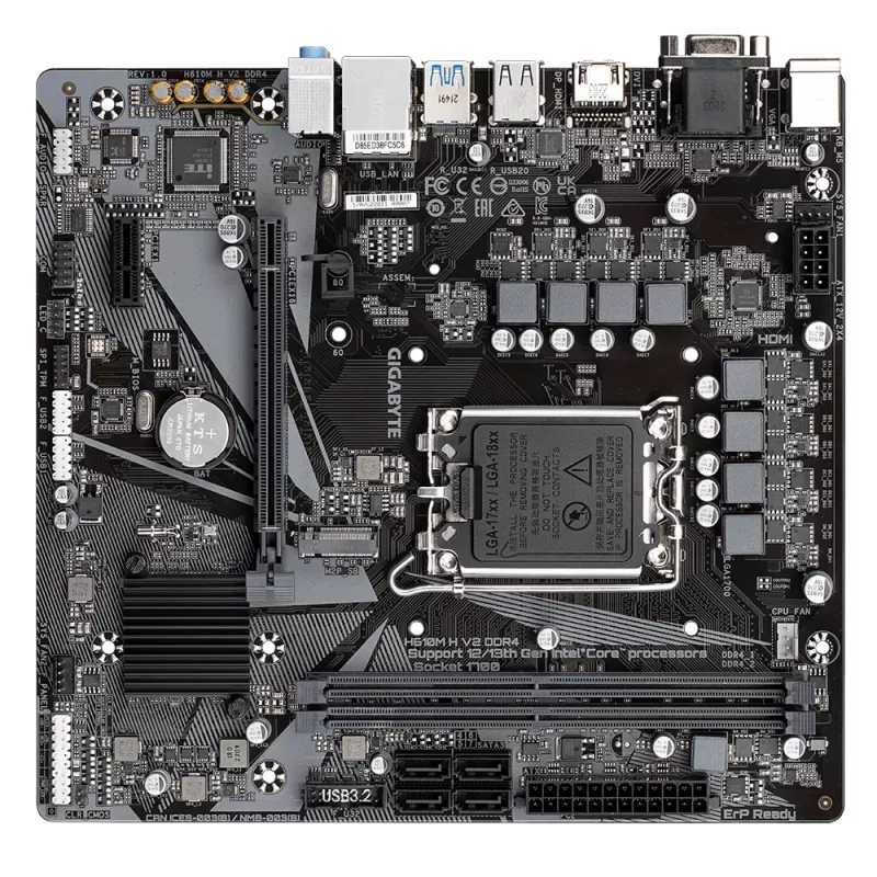 GIGABYTE H610M H V2 DDR4 pagrindinė plokštė – palaiko Intel Core 14 kartos procesorius, 6+1+1 hibridinis skaitmeninis VRM, iki 3200MHz DDR4 (OC), 1xPCIe 3.0 M.2, GbE LAN, USB 3.2 Gen 1