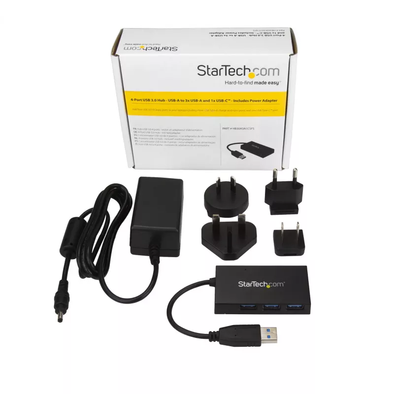 StarTech.com 4 prievadų USB 3.0 šakotuvas - USB Type-A šakotuvas su 1x USB-C ir 3x USB-A (SuperSpeed 5 Gbps) - maitinamas per USB magistralę arba išoriniu adapteriu - nešiojamas USB 3.2 Gen 1 BC 1.2 įkrovimo šakotuvas su maitinimo adapteriu