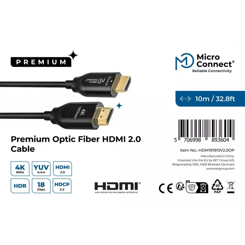 Microconnect Premium optinis HDMI laidas 10m, 10 m, HDMI A tipo (standartinis), HDMI A tipo (standartinis), 4096 x 2160 pikselių, 3D, juodas