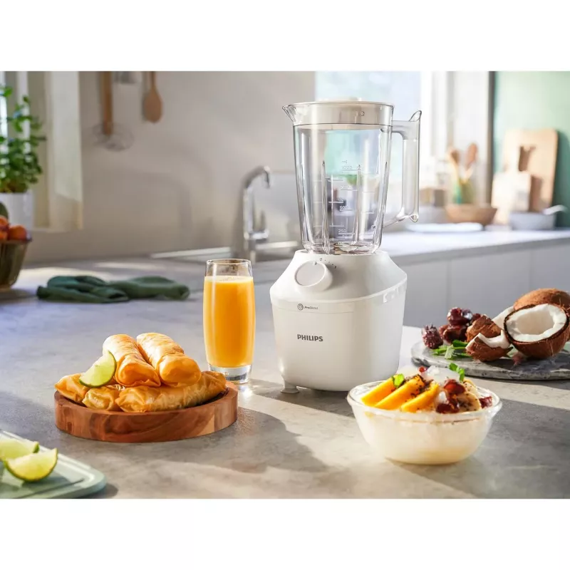Stalinis trintuvas „Philips HR2041/00“ – 450 W, 1,9 l plastikinis indas, nerūdijančio plieno peiliai, baltas