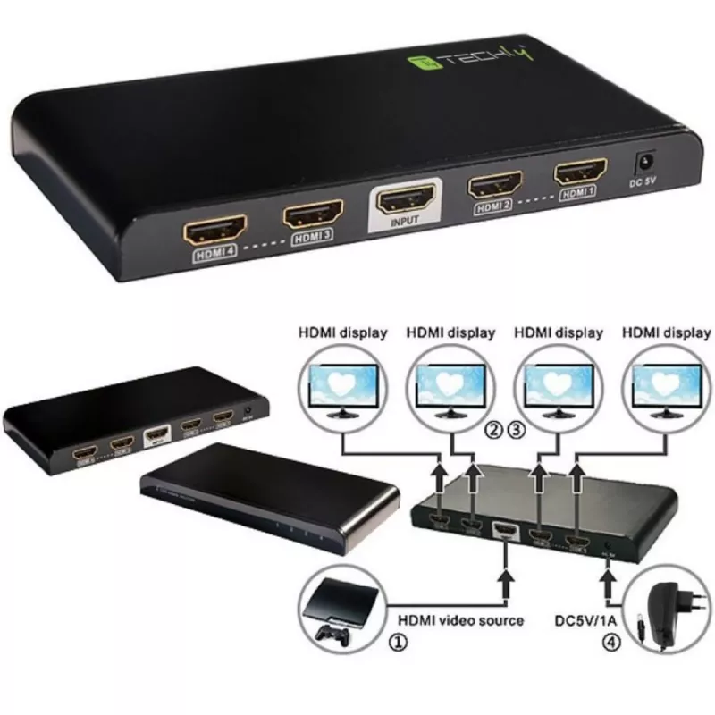Techly HDMI skirstytuvas 2.0 4K UHD 3D 4 krypčių, HDMI, 4x HDMI, 3840 x 2160 pikselių, Juoda, 4K Ultra HD, 30 m