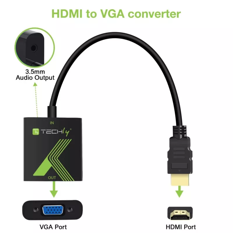 Techly kabelio keitiklio adapteris HDMI į VGA su garsu IDATA HDMI-VGA2A