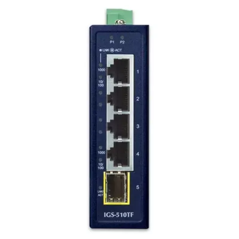Nevaldomas Gigabit Ethernet komutatorius PLANET IGS-510TF — 4 x 10/100/1000 Mbps, 10 Gbit/s komutavimo pajėgumas, 9–48V DC, tvirtinamas ant sienos