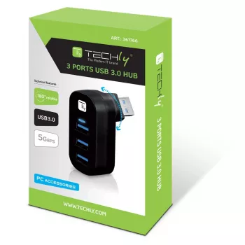Techly IUSB3-HUB3-ROTB sąsajos šakotuvas USB 3.2 Gen 1 (3.1 Gen 1) Type-A 5000 Mbit/s Juoda