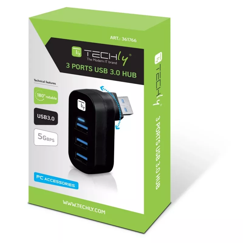 Techly IUSB3-HUB3-ROTB sąsajos šakotuvas USB 3.2 Gen 1 (3.1 Gen 1) Type-A 5000 Mbit/s Juoda