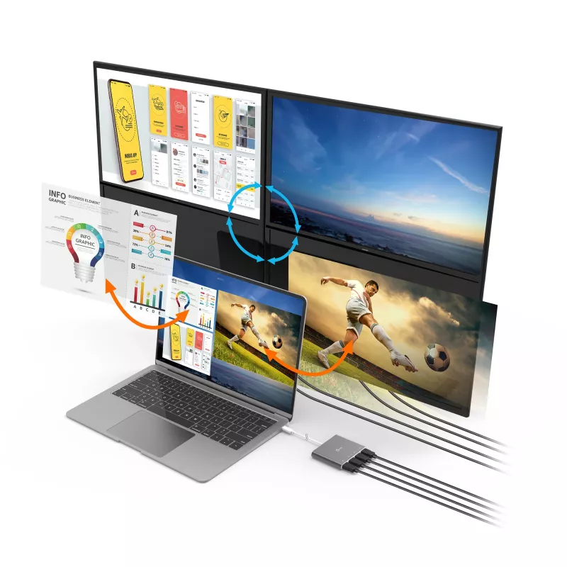 j5create JCA366-N USB-C™ į 4 prievadų HDMI™ kelių monitorių adapteris, sidabrinis