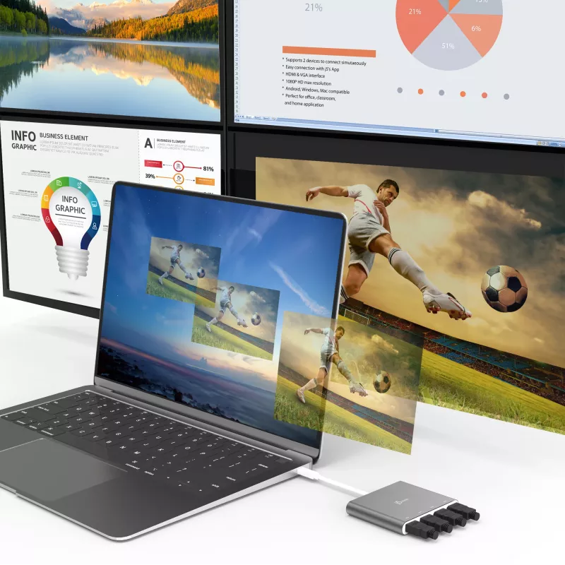 j5create JCA366-N USB-C™ į 4 prievadų HDMI™ kelių monitorių adapteris, sidabrinis