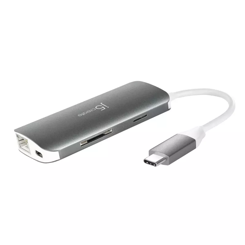 j5create JCD383 USB-C™ 9-in-1 kelių prievadų adapteris, sidabrinis ir baltas