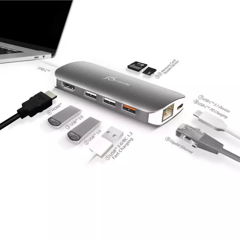 j5create JCD383 USB-C™ 9-in-1 kelių prievadų adapteris, sidabrinis ir baltas