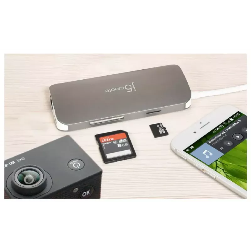 j5create JCD383 USB-C™ 9-in-1 kelių prievadų adapteris, sidabrinis ir baltas