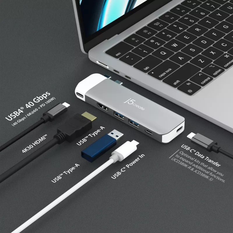USB-C šakotuvas j5create JCD394 6K HDMI USB 3.2 Gen 2 Pilkai baltas