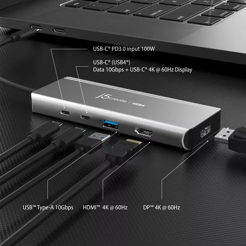 USB šakotuvas j5create JCD401 Dual 4K Multi-Port Hub, sidabrinis, laidinis, USB 3.2 Gen 2