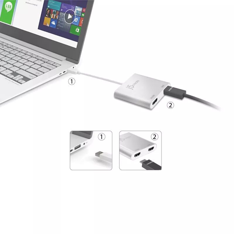 j5create JUA365 USB™ 3.0 prie dviejų HDMI kelių monitorių adapterio, sidabrinis