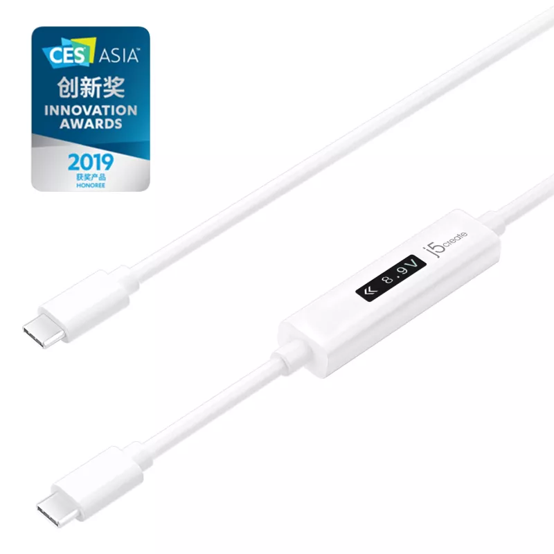 j5create JUCP14 USB-C™ 2.0 į USB-C™ laidas su OLED dinaminiu galios matuokliu, baltas, 1,2 m