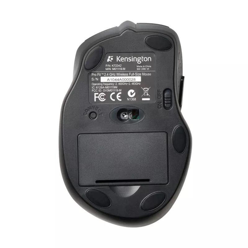 Kensington Pro Fit belaidė pilno dydžio pelė, abiem rankoms tinkama, optinė, RF belaidė, 1600 DPI, juoda