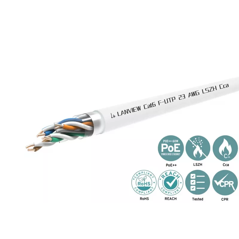 Cat6 F-UTP tinklo kabelis 4x2xAWG23 LSZH baltas 500 m