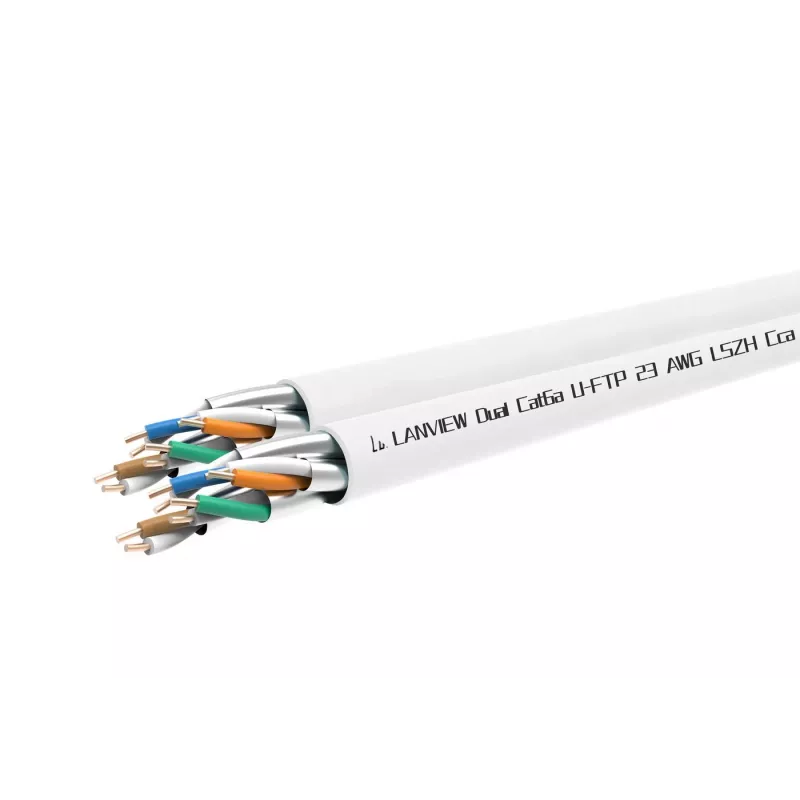 Cat6a U-FTP dvigubas tinklo kabelis 4x2xAWG23 LSZH baltas