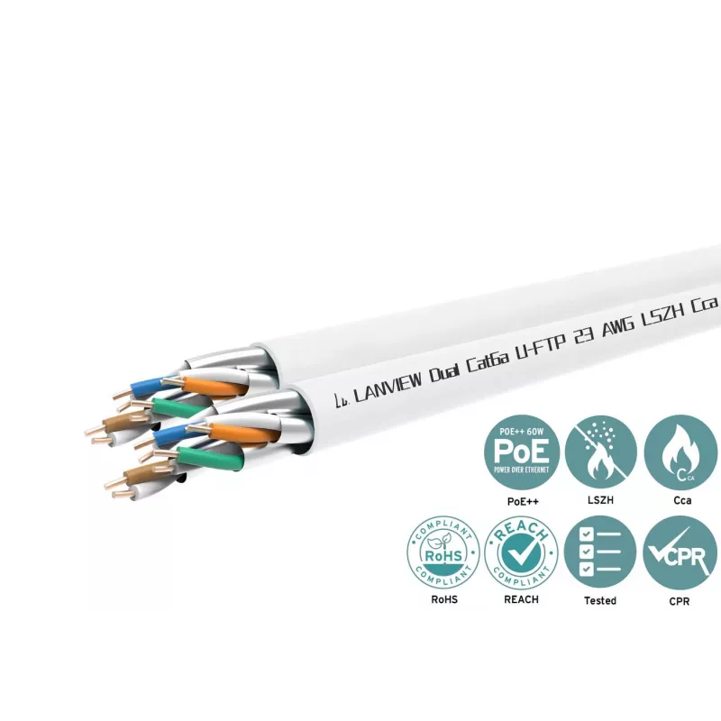 Cat6a U-FTP dvigubas tinklo kabelis 4x2xAWG23 LSZH baltas