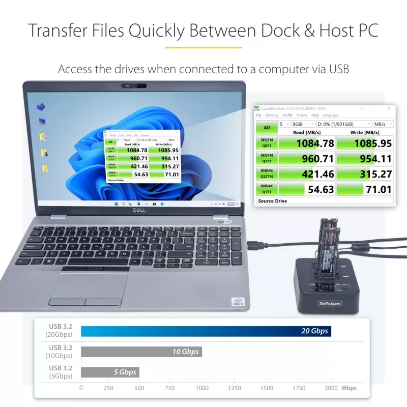 StarTech.com 1:1 M.2 NVMe diskų kopijavimo įrenginys, atskiras M.2 SSD klonavimo/kopijavimo įrenginys iki 90 GB/min., USB 3.2 20 Gbps M.2 dviejų lizdų diskų dokas, pridedami USB-C/A laidai