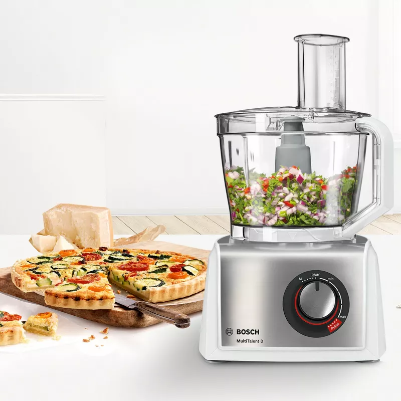 Virtuvės kombainas Bosch MC812S814, 1250 W, 3,9 l dubuo, nerūdijantis plienas / balta, kintamas greitis, sukamoji rankenėlė