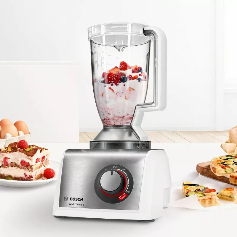 Virtuvės kombainas Bosch MC812S814, 1250 W, 3,9 l dubuo, nerūdijantis plienas / balta, kintamas greitis, sukamoji rankenėlė