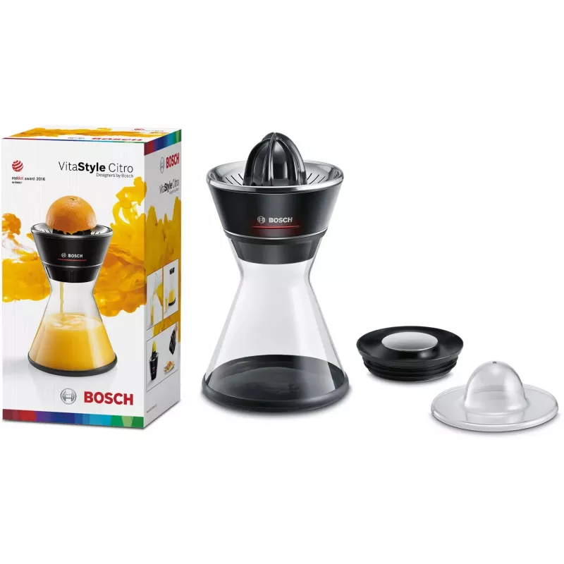Citrus Press Bosch MCP72GPB — elektrinė citrusinių vaisių spaustuvė, nerūdijantis plienas, 1 L talpa sultims, juoda