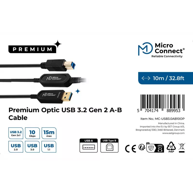 Microconnect MC-USB3.0AB10OP USB kabelis USB 3.2 Gen 2 (3.1 Gen 2) 10 m USB A USB B Juoda