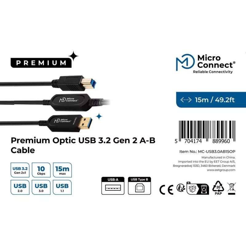Microconnect MC-USB3.0AB15OP USB laidas USB 3.2 Gen 2 (3.1 Gen 2) 15 m USB A USB B Juodas