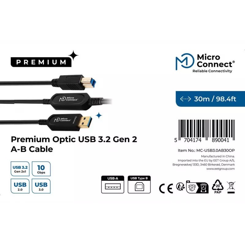 Microconnect MC-USB3.0AB30OP USB kabelis USB 3.2 Gen 2 (3.1 Gen 2) 30 m USB A USB B Juoda