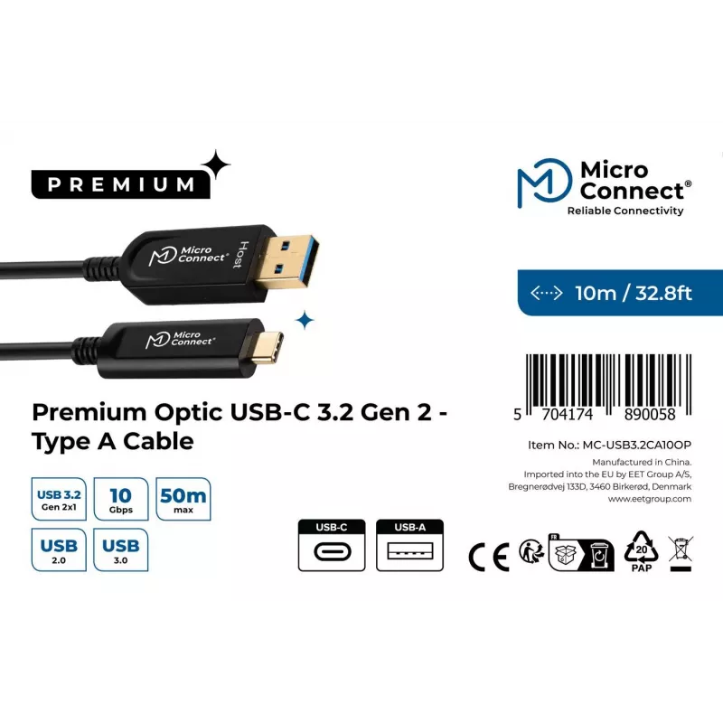 Microconnect MC-USB3.2CA10OP USB laidas USB 3.2 Gen 2 (3.1 Gen 2) 10 m USB A USB C Juodas