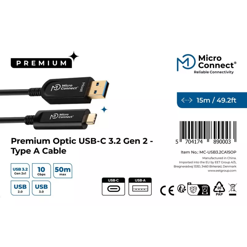 Microconnect MC-USB3.2CA15OP USB laidas USB 3.2 Gen 2 (3.1 Gen 2) 15 m USB A USB C Juoda