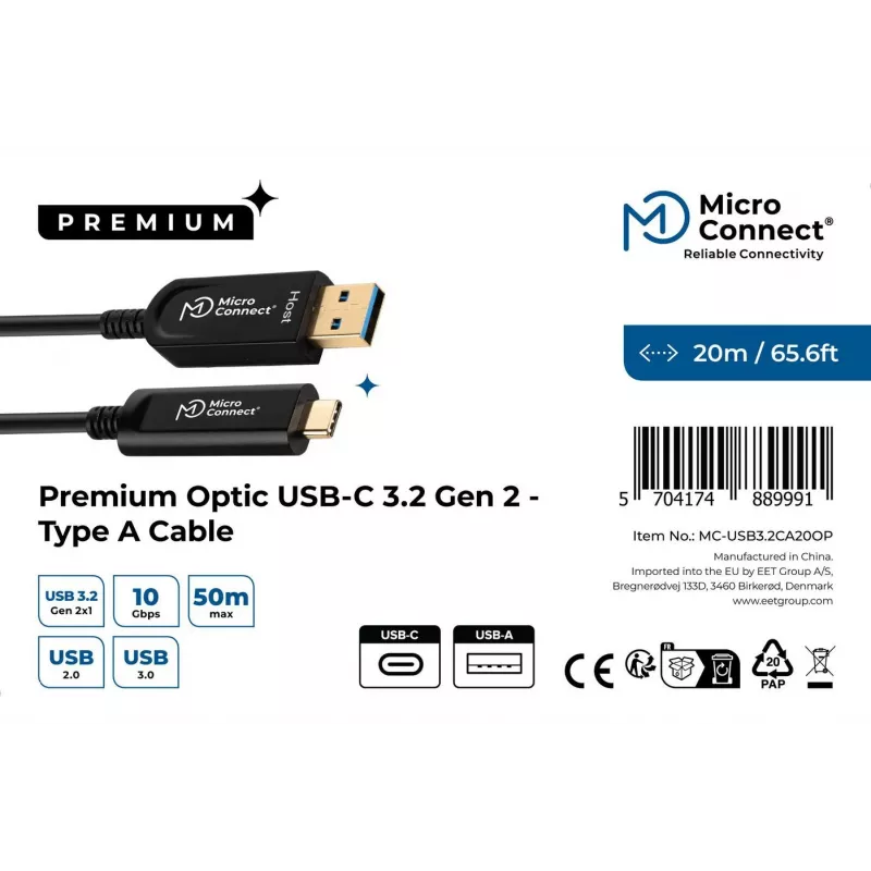 Microconnect MC-USB3.2CA20OP USB laidas USB 3.2 Gen 2 (3.1 Gen 2) 20 m USB A USB C Juoda