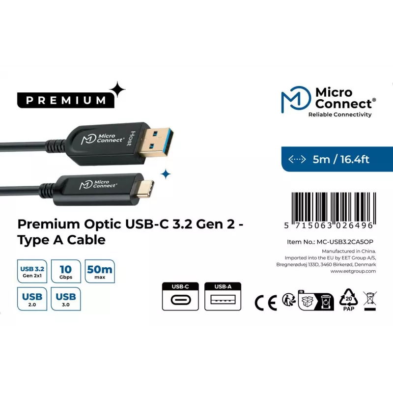 Microconnect MC-USB3.2CA5OP USB laidas USB 3.2 Gen 2 (3.1 Gen 2) 5 m USB A USB C Juodas